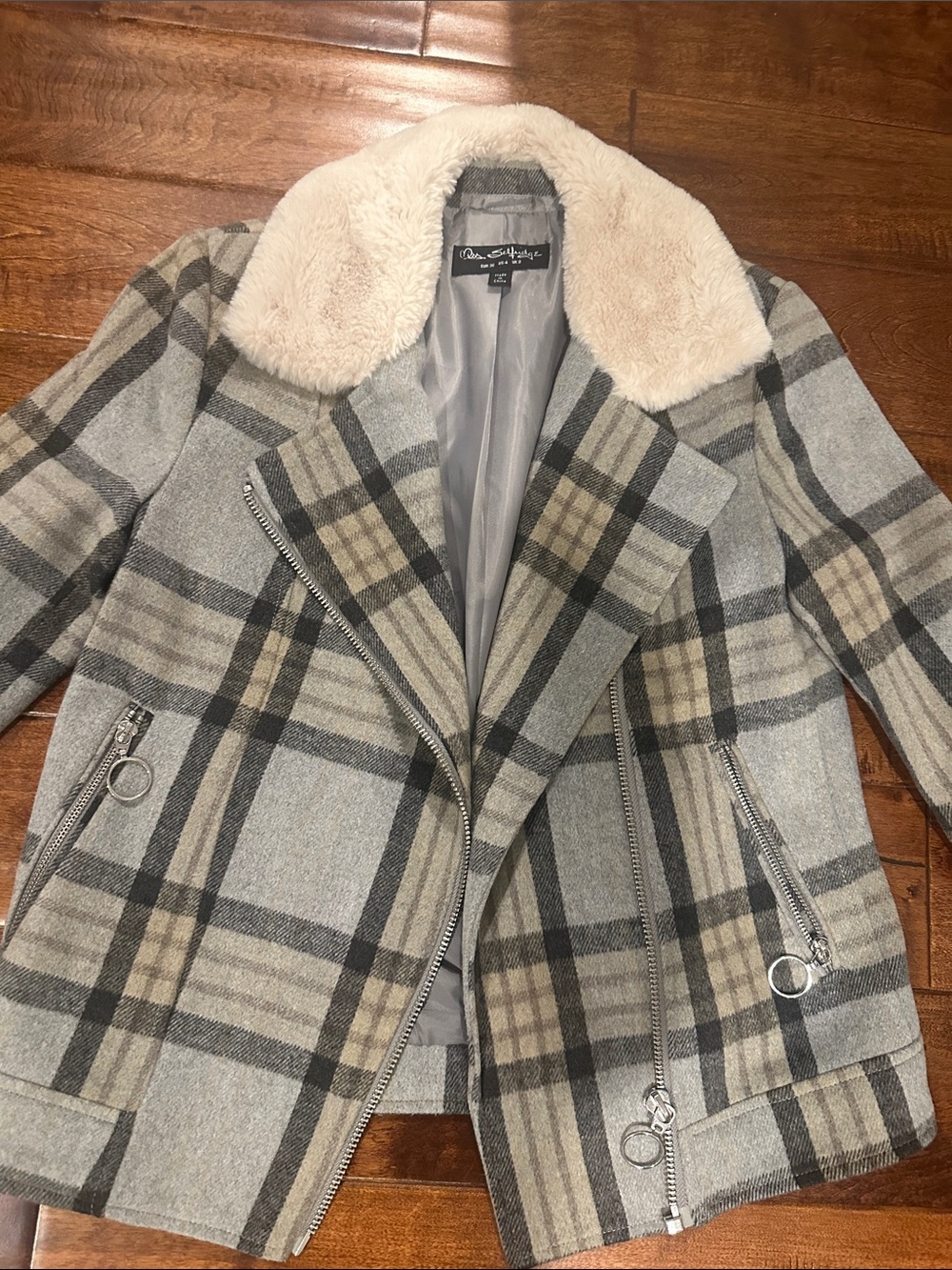 Miss Selfridge Gray Plaid Pea Coat with Cream Faux Fur Collar